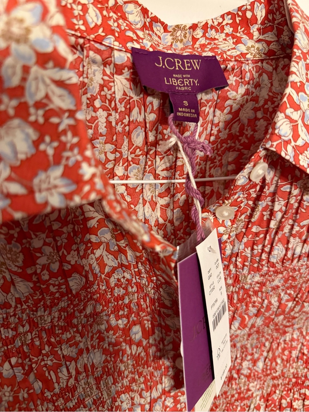J. Crew Smocked Button-up Shirt Short Sleeve Liberty®Lizzy Red Fabric Sz M $168 - Picture 6 of 9